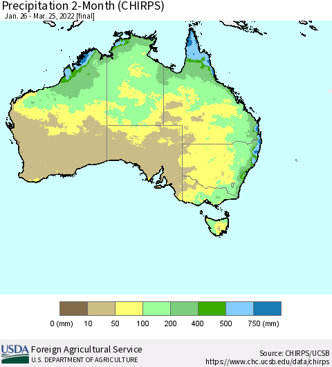 Australia Precipitation 2-Month (CHIRPS) Thematic Map For 1/26/2022 - 3/25/2022