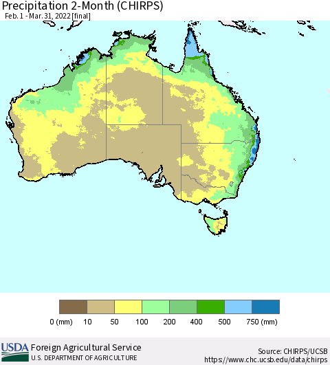 Australia Precipitation 2-Month (CHIRPS) Thematic Map For 2/1/2022 - 3/31/2022