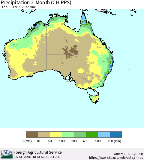 Australia Precipitation 2-Month (CHIRPS) Thematic Map For 2/6/2022 - 4/5/2022