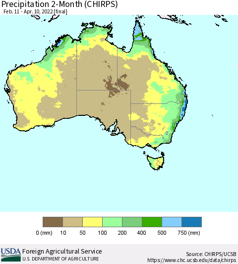 Australia Precipitation 2-Month (CHIRPS) Thematic Map For 2/11/2022 - 4/10/2022