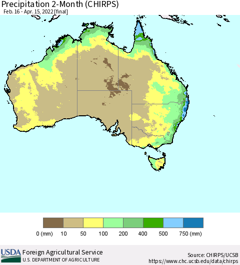 Australia Precipitation 2-Month (CHIRPS) Thematic Map For 2/16/2022 - 4/15/2022