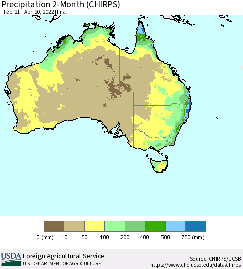 Australia Precipitation 2-Month (CHIRPS) Thematic Map For 2/21/2022 - 4/20/2022
