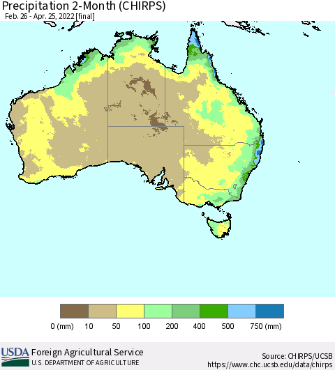 Australia Precipitation 2-Month (CHIRPS) Thematic Map For 2/26/2022 - 4/25/2022