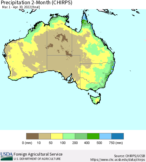 Australia Precipitation 2-Month (CHIRPS) Thematic Map For 3/1/2022 - 4/30/2022