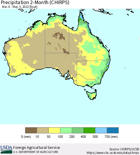 Australia Precipitation 2-Month (CHIRPS) Thematic Map For 3/6/2022 - 5/5/2022