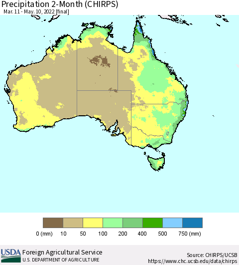 Australia Precipitation 2-Month (CHIRPS) Thematic Map For 3/11/2022 - 5/10/2022