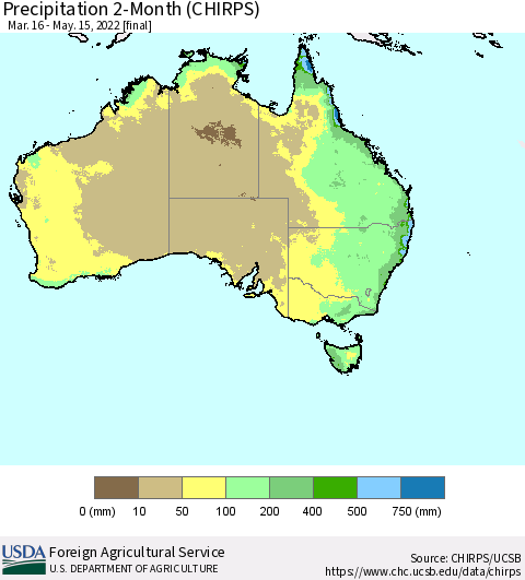 Australia Precipitation 2-Month (CHIRPS) Thematic Map For 3/16/2022 - 5/15/2022