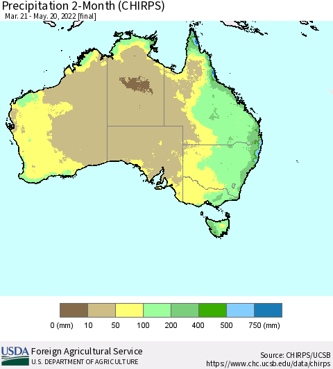 Australia Precipitation 2-Month (CHIRPS) Thematic Map For 3/21/2022 - 5/20/2022