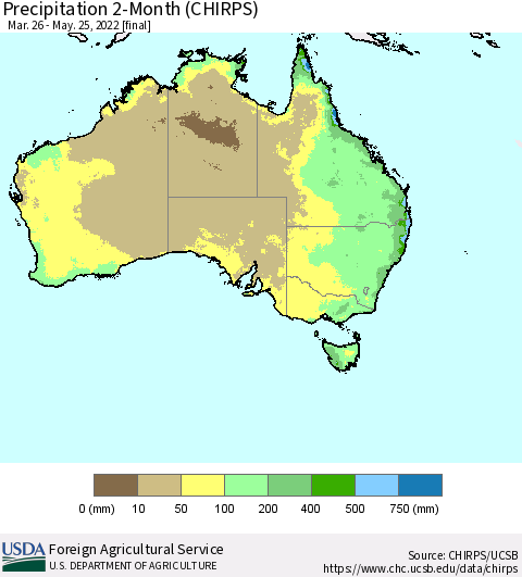 Australia Precipitation 2-Month (CHIRPS) Thematic Map For 3/26/2022 - 5/25/2022