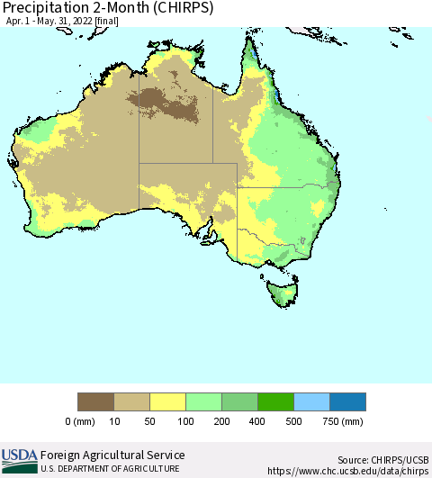 Australia Precipitation 2-Month (CHIRPS) Thematic Map For 4/1/2022 - 5/31/2022