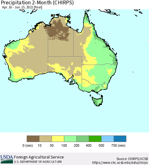 Australia Precipitation 2-Month (CHIRPS) Thematic Map For 4/16/2022 - 6/15/2022
