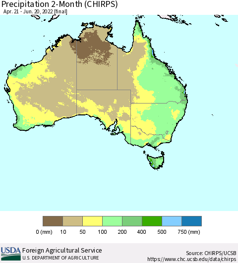 Australia Precipitation 2-Month (CHIRPS) Thematic Map For 4/21/2022 - 6/20/2022