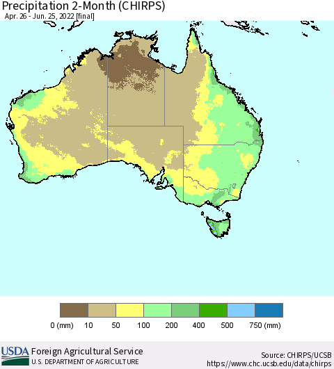 Australia Precipitation 2-Month (CHIRPS) Thematic Map For 4/26/2022 - 6/25/2022