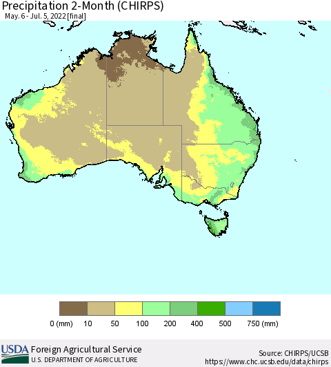 Australia Precipitation 2-Month (CHIRPS) Thematic Map For 5/6/2022 - 7/5/2022