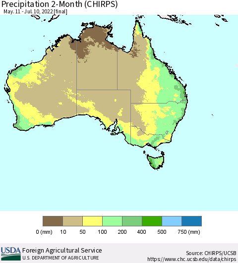 Australia Precipitation 2-Month (CHIRPS) Thematic Map For 5/11/2022 - 7/10/2022