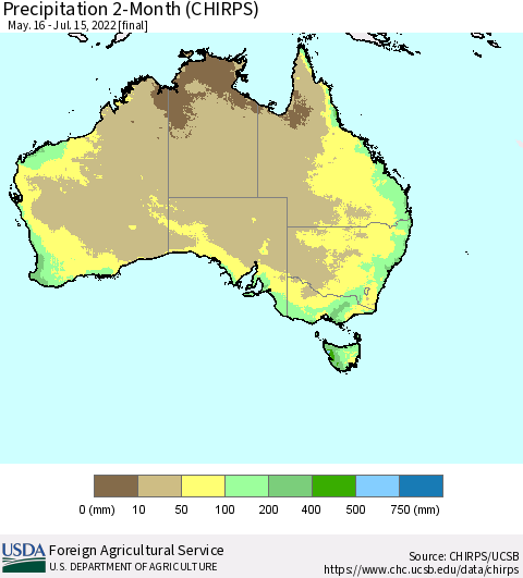 Australia Precipitation 2-Month (CHIRPS) Thematic Map For 5/16/2022 - 7/15/2022