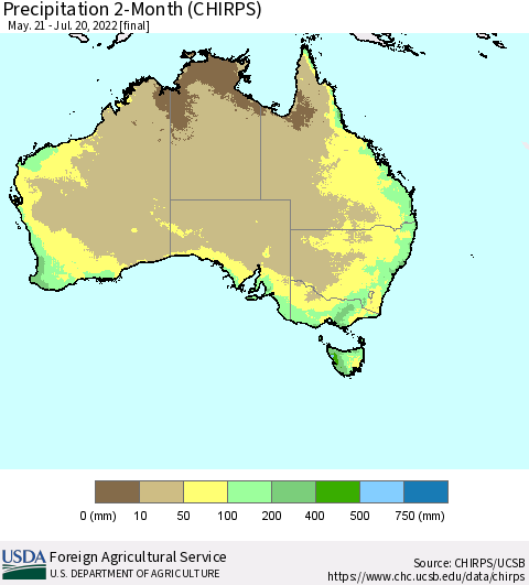 Australia Precipitation 2-Month (CHIRPS) Thematic Map For 5/21/2022 - 7/20/2022