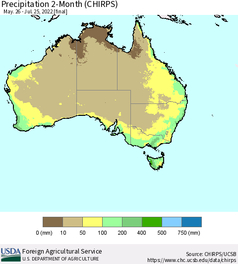 Australia Precipitation 2-Month (CHIRPS) Thematic Map For 5/26/2022 - 7/25/2022