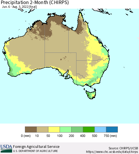 Australia Precipitation 2-Month (CHIRPS) Thematic Map For 6/6/2022 - 8/5/2022
