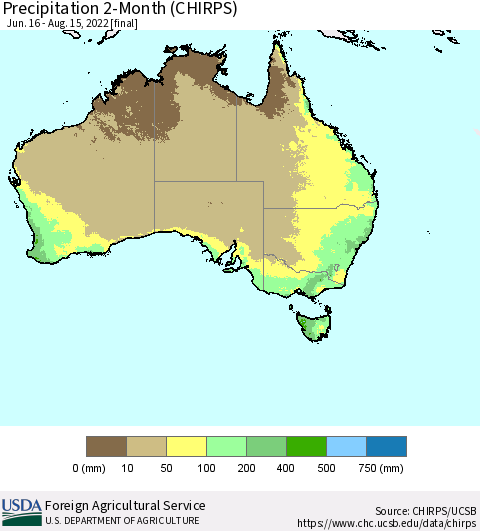 Australia Precipitation 2-Month (CHIRPS) Thematic Map For 6/16/2022 - 8/15/2022