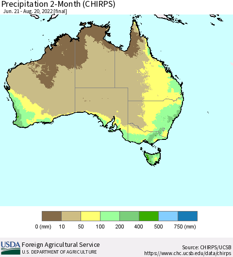 Australia Precipitation 2-Month (CHIRPS) Thematic Map For 6/21/2022 - 8/20/2022