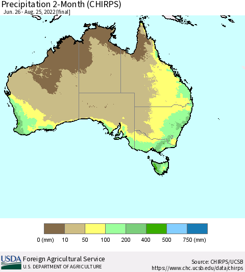 Australia Precipitation 2-Month (CHIRPS) Thematic Map For 6/26/2022 - 8/25/2022