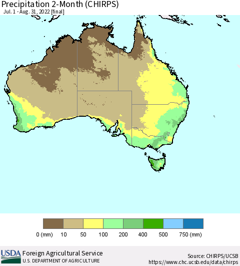 Australia Precipitation 2-Month (CHIRPS) Thematic Map For 7/1/2022 - 8/31/2022