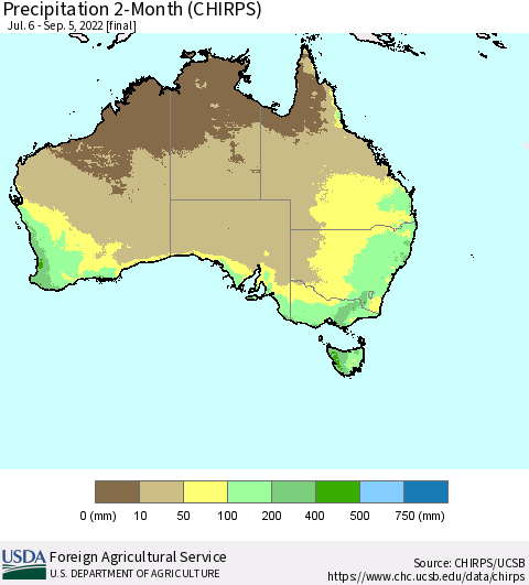 Australia Precipitation 2-Month (CHIRPS) Thematic Map For 7/6/2022 - 9/5/2022
