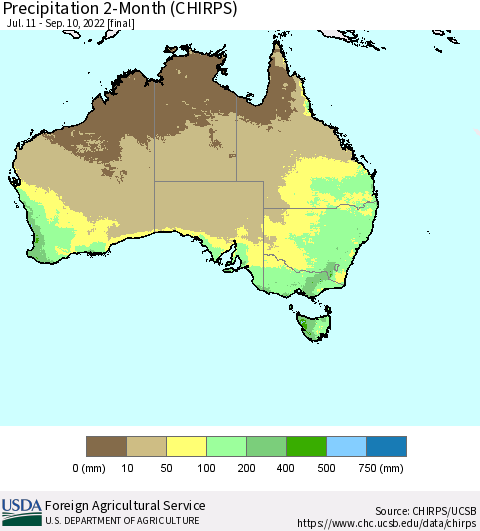 Australia Precipitation 2-Month (CHIRPS) Thematic Map For 7/11/2022 - 9/10/2022