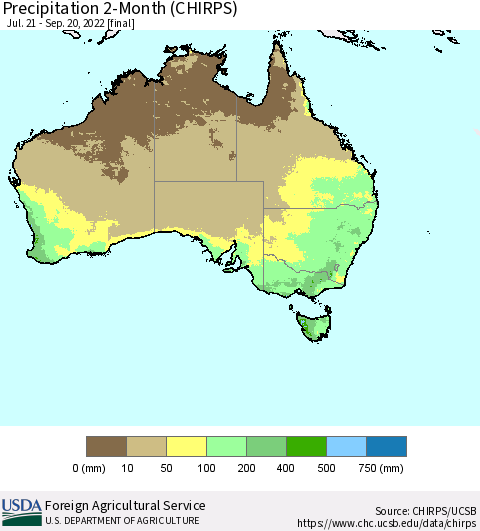 Australia Precipitation 2-Month (CHIRPS) Thematic Map For 7/21/2022 - 9/20/2022