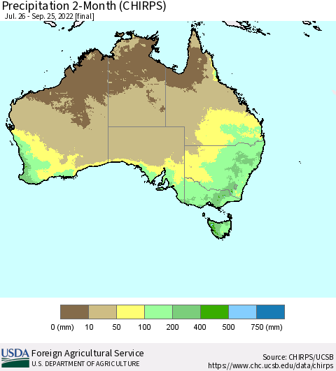 Australia Precipitation 2-Month (CHIRPS) Thematic Map For 7/26/2022 - 9/25/2022