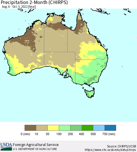 Australia Precipitation 2-Month (CHIRPS) Thematic Map For 8/6/2022 - 10/5/2022