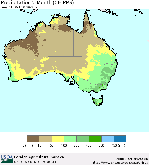 Australia Precipitation 2-Month (CHIRPS) Thematic Map For 8/11/2022 - 10/10/2022