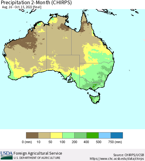 Australia Precipitation 2-Month (CHIRPS) Thematic Map For 8/16/2022 - 10/15/2022