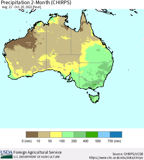 Australia Precipitation 2-Month (CHIRPS) Thematic Map For 8/21/2022 - 10/20/2022
