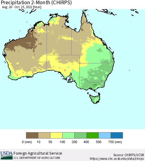 Australia Precipitation 2-Month (CHIRPS) Thematic Map For 8/26/2022 - 10/25/2022