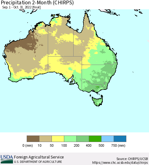 Australia Precipitation 2-Month (CHIRPS) Thematic Map For 9/1/2022 - 10/31/2022