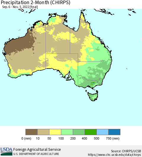 Australia Precipitation 2-Month (CHIRPS) Thematic Map For 9/6/2022 - 11/5/2022