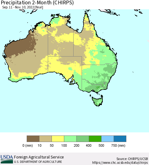 Australia Precipitation 2-Month (CHIRPS) Thematic Map For 9/11/2022 - 11/10/2022