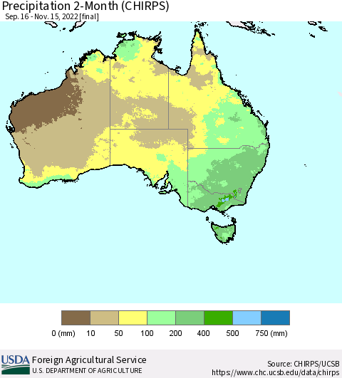 Australia Precipitation 2-Month (CHIRPS) Thematic Map For 9/16/2022 - 11/15/2022