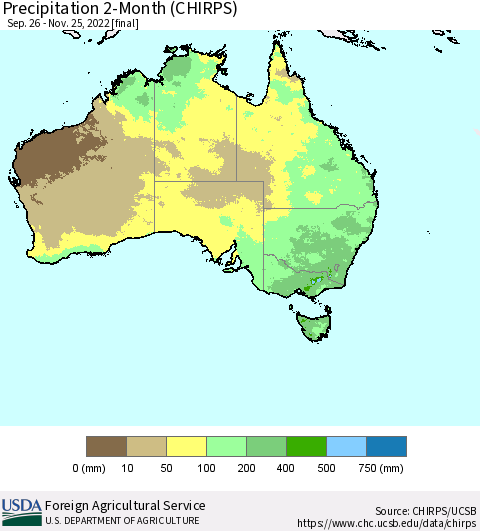 Australia Precipitation 2-Month (CHIRPS) Thematic Map For 9/26/2022 - 11/25/2022