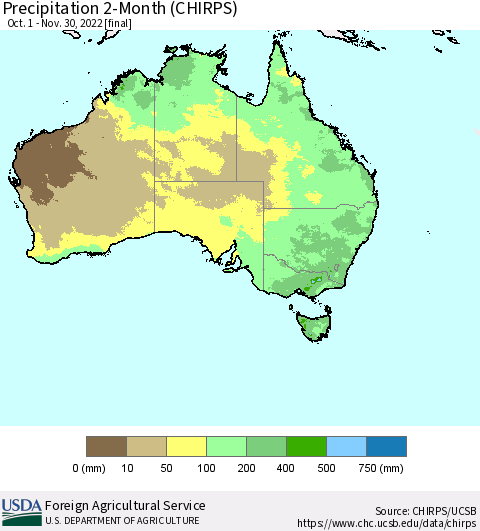 Australia Precipitation 2-Month (CHIRPS) Thematic Map For 10/1/2022 - 11/30/2022