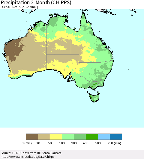 Australia Precipitation 2-Month (CHIRPS) Thematic Map For 10/6/2022 - 12/5/2022