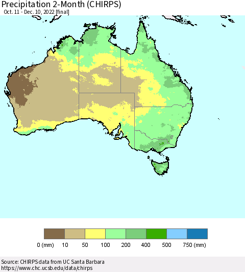 Australia Precipitation 2-Month (CHIRPS) Thematic Map For 10/11/2022 - 12/10/2022
