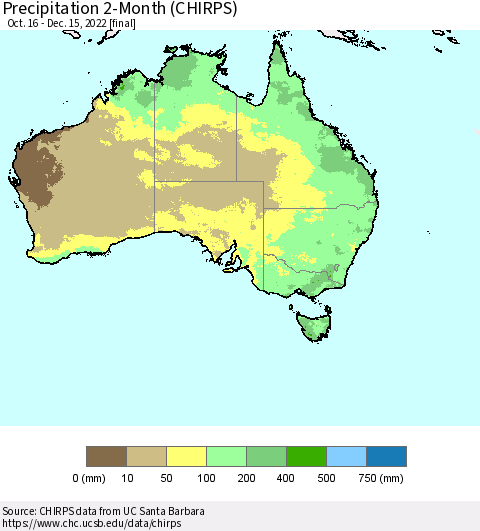 Australia Precipitation 2-Month (CHIRPS) Thematic Map For 10/16/2022 - 12/15/2022