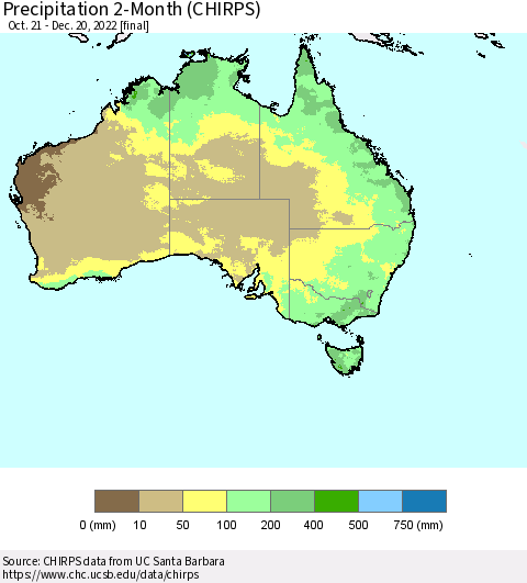Australia Precipitation 2-Month (CHIRPS) Thematic Map For 10/21/2022 - 12/20/2022