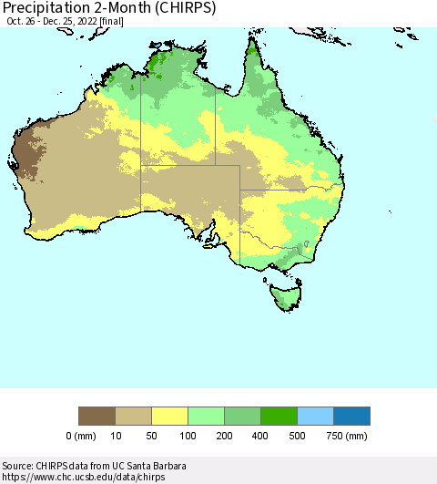 Australia Precipitation 2-Month (CHIRPS) Thematic Map For 10/26/2022 - 12/25/2022