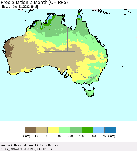 Australia Precipitation 2-Month (CHIRPS) Thematic Map For 11/1/2022 - 12/31/2022