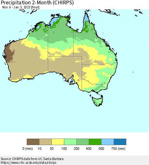 Australia Precipitation 2-Month (CHIRPS) Thematic Map For 11/6/2022 - 1/5/2023