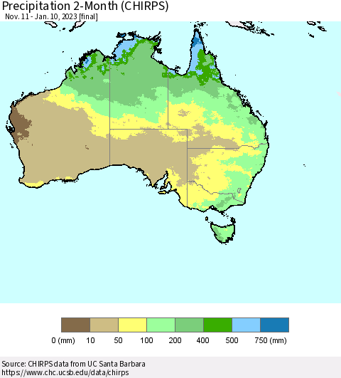 Australia Precipitation 2-Month (CHIRPS) Thematic Map For 11/11/2022 - 1/10/2023